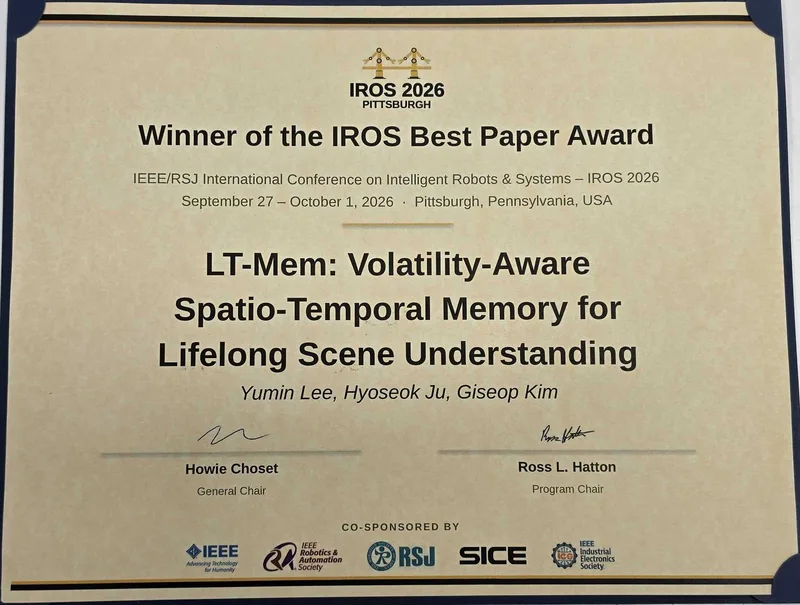 LT-Mem IROS 2026 Best Paper Award certificate