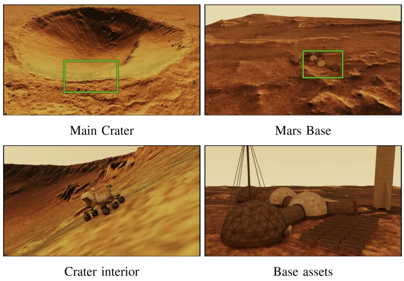 MarsLab environments including the Main Crater, Mars Base, crater interior, and base assets