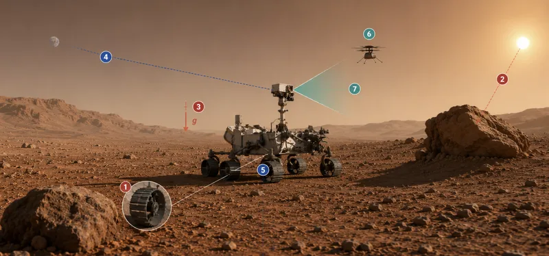 Planetary robotics simulation overview showing a Mars rover, terrain interaction, lighting, gravity, communication, aerial robotics, and perception